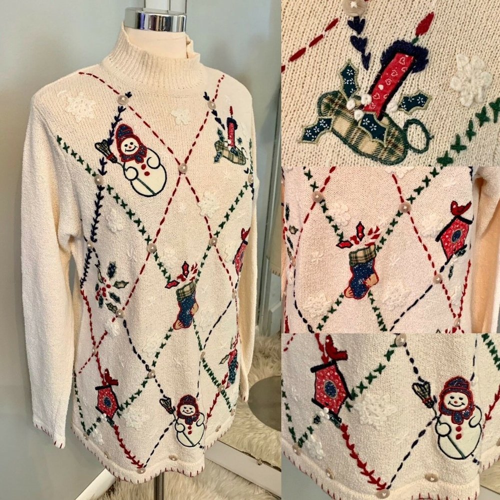 Vintage Christmas sweater pullover cream plaid Victoria Jones size M snowman